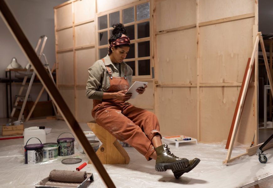 A woman sitting on a stool in a room filled with various paint supplies and colorful paint splatters on the walls