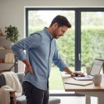 A man experiencing back pain while working on a laptop, sitting in a chair with a pained expression